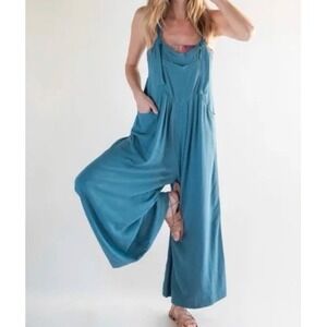 Natural Life linen jumper jumpsuit flowy boho cottage core hippy overalls blue